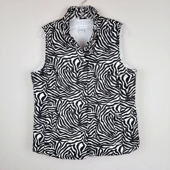 Liz Claiborne Black White Zebra Puffer Snap Button Pocket Sleeveless Vest Size L - Picture 1 of 8